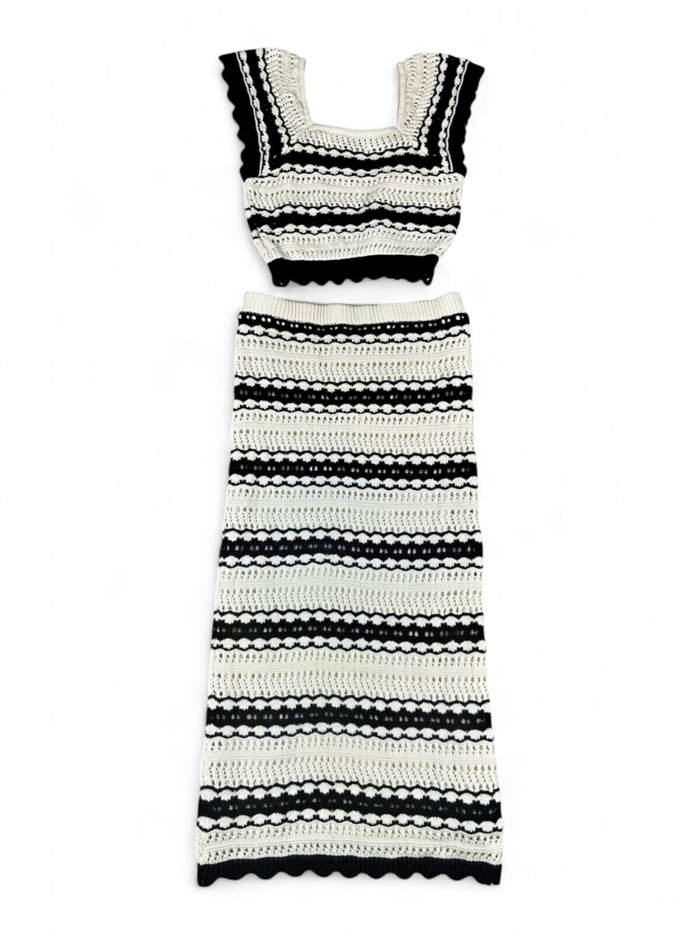 Freshman 1996 Black & Ivory Crochet Knit Two-Piece Skirt Set S